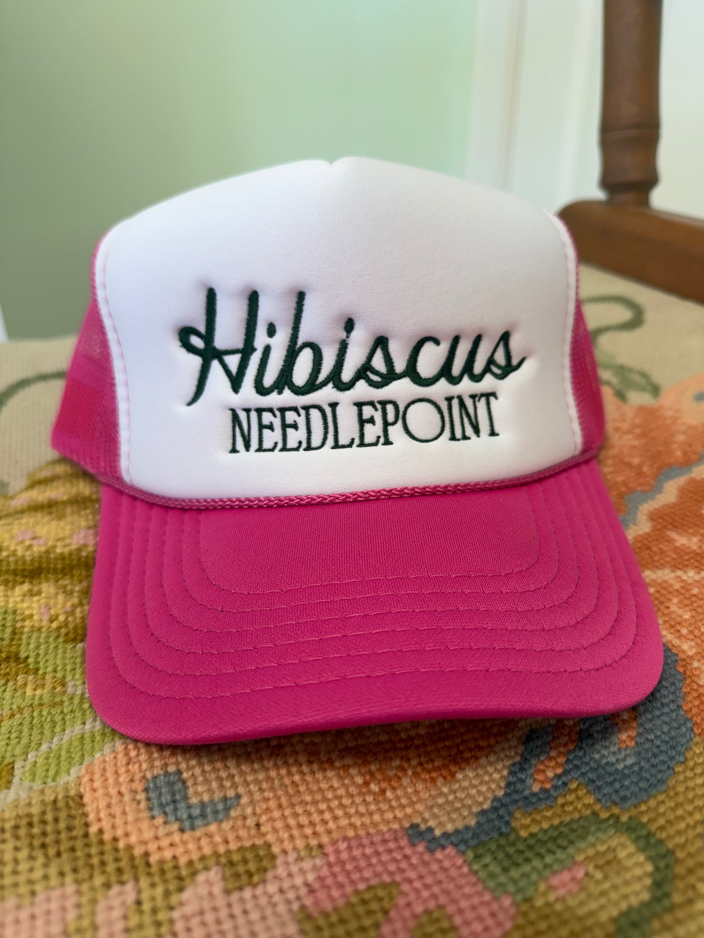 Hibiscus Needlepoint Pink and White Trucker Hat