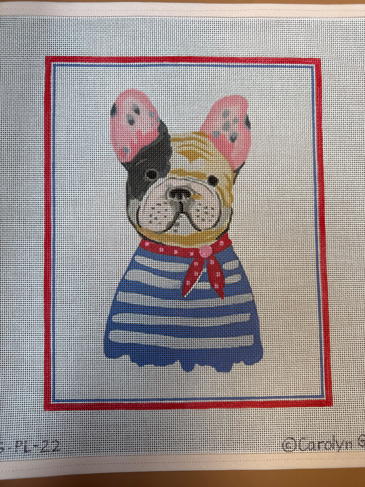 French Bulldog in Blue Striped Shirt w/ Red Neckerchief