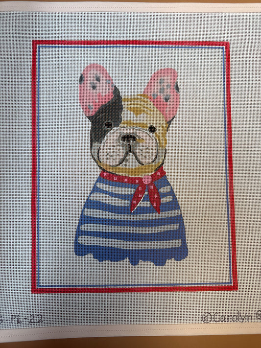 French Bulldog in Blue Striped Shirt w/ Red Neckerchief