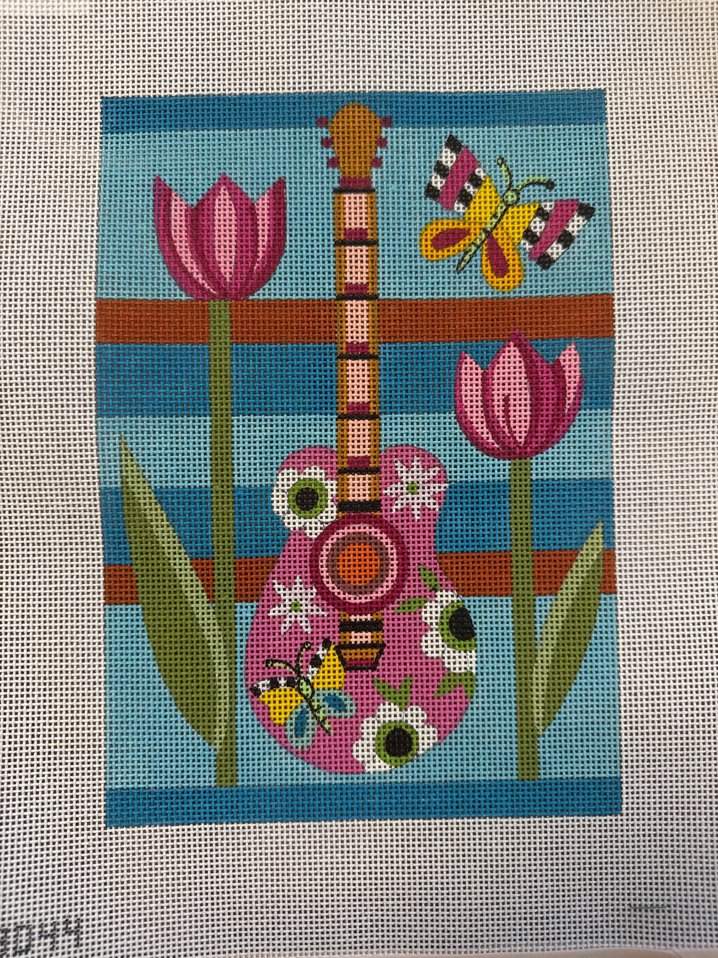Floral Guitar on Blue Stripes