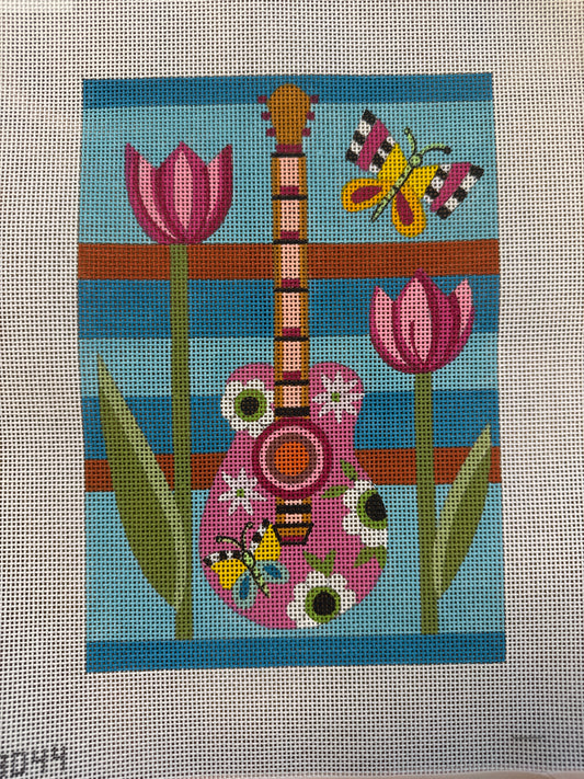 Floral Guitar on Blue Stripes