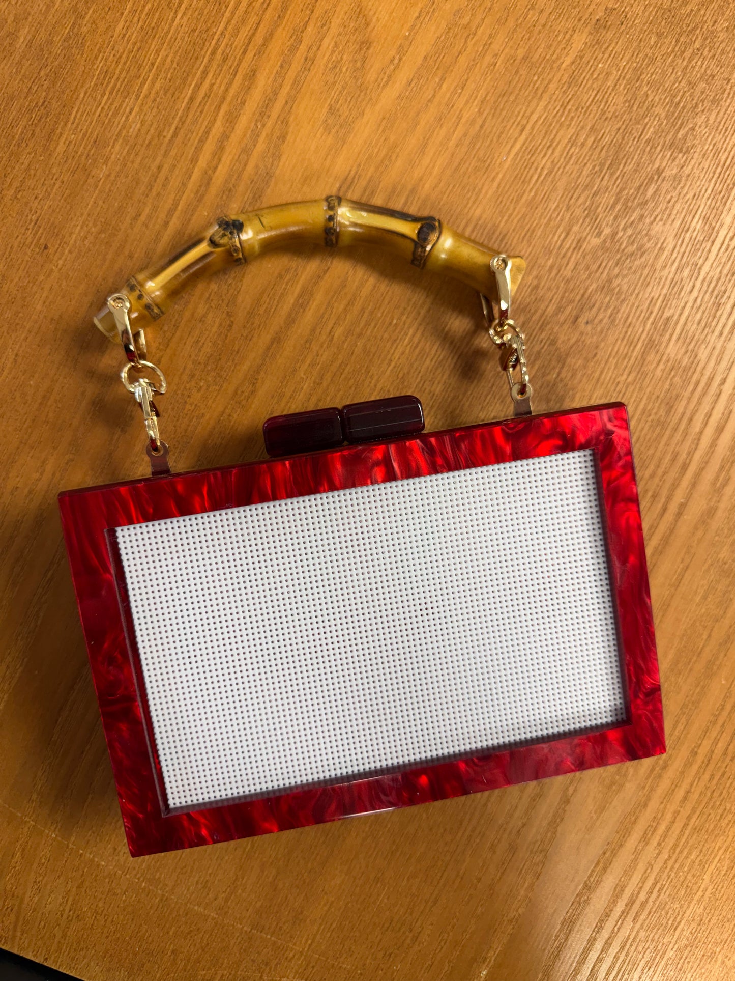 Cherry Red Self Finishing Clutch with Bamboo Handle