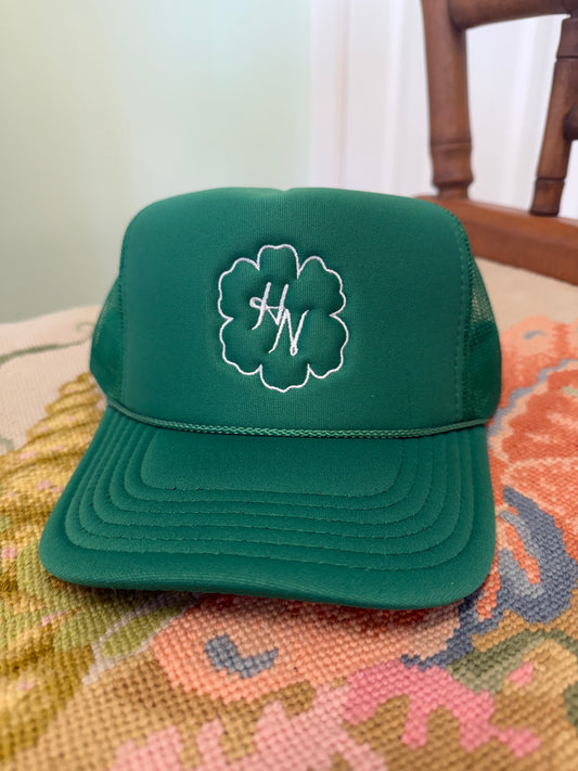 Hibiscus Needlepoint Green and White Logo Trucker Hat
