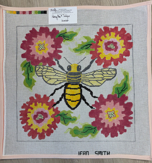 Honey Bee, Tulips, and Blossoms